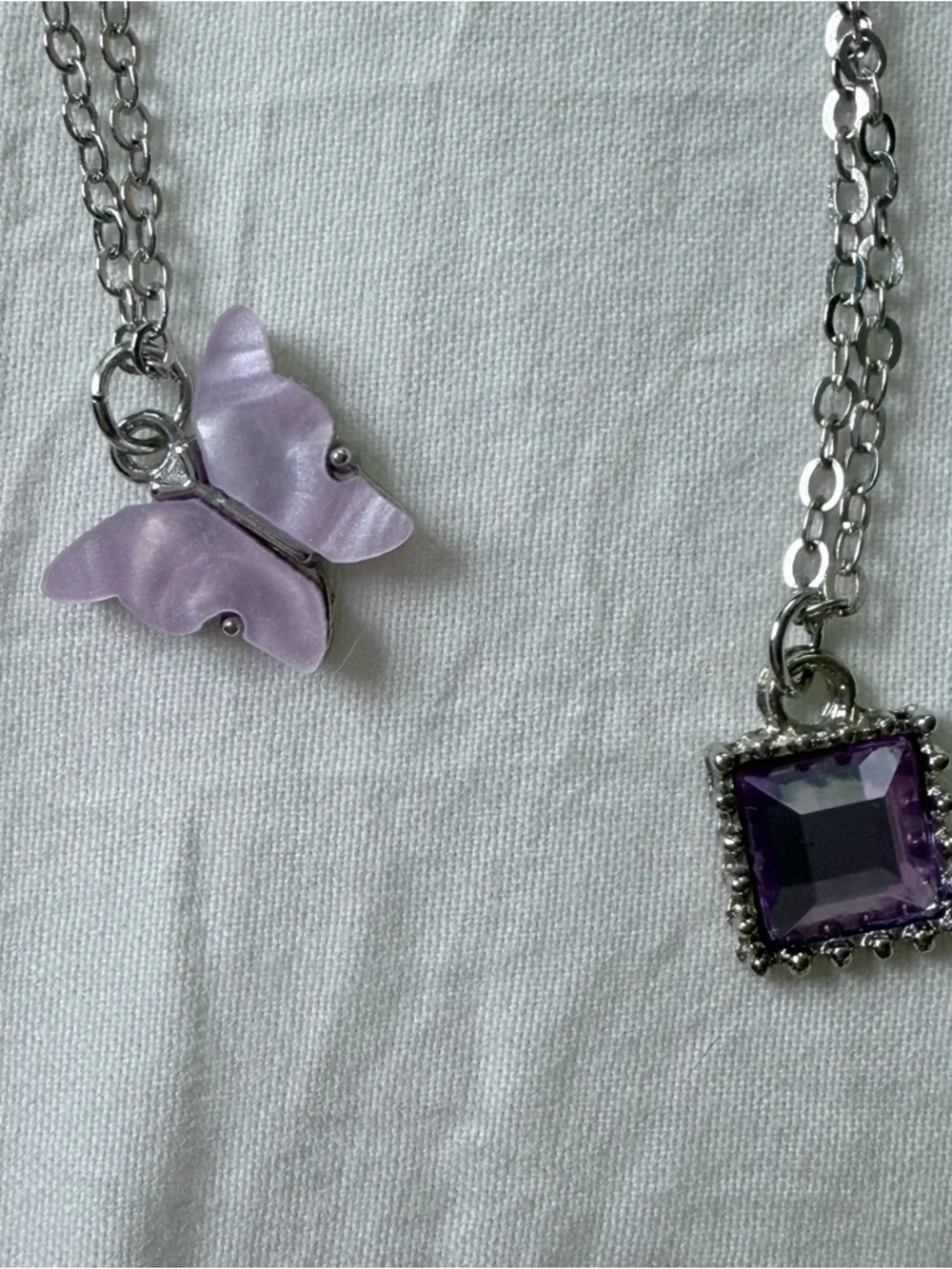 Brand New Y2K Silver Purple Fairycore Butterfly Heart Charm Pendant Necklace Set